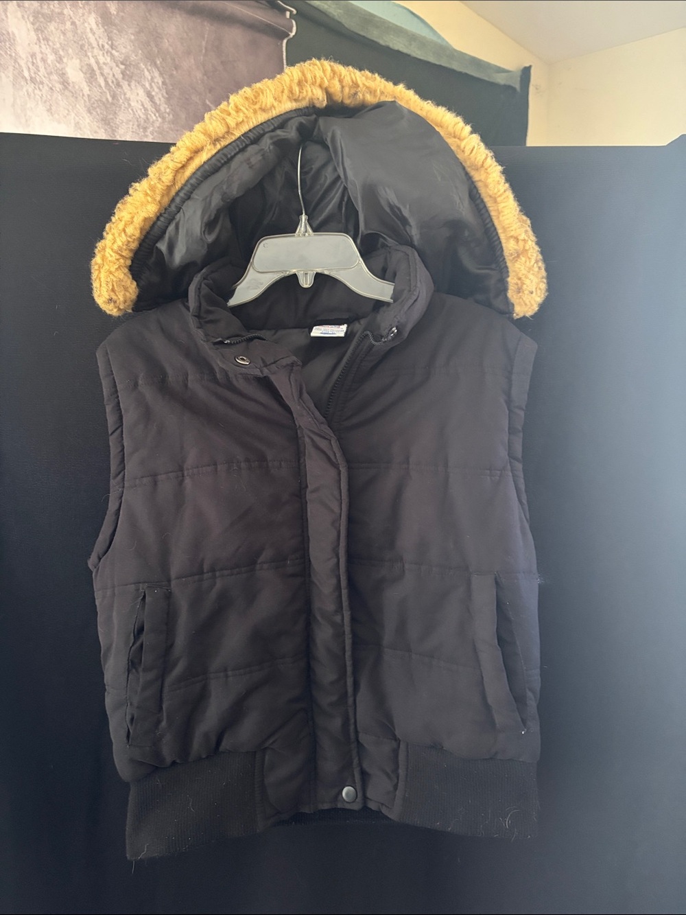 Sleeveless Black Puffer Vest with Faux Fur-Trimmed Hood